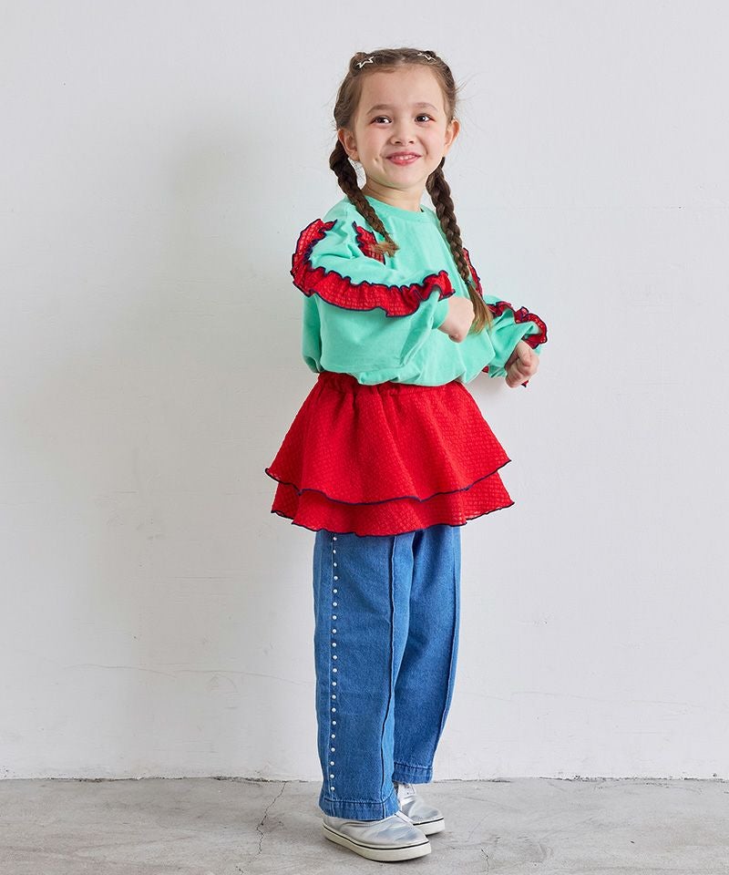 Pardiso 赤 チェック柄 テニスウェアMサイズ ショルダーチェックフリルロンT ｜ トップス ｜ 子供服のセレクト