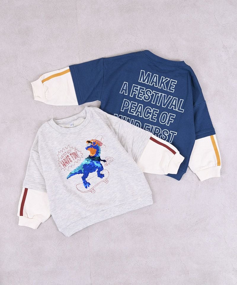 美品 25 AW ミキハウス 豪華 恐竜 トレーナー バックプリント 100 裏毛恐竜スパンコール刺繍袖フェイクレイヤード風トレーナー／一部店舗