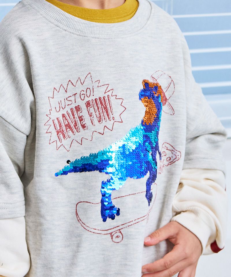 TIME SALE】裏毛恐竜スパンコール刺繍袖フェイクレイヤード風