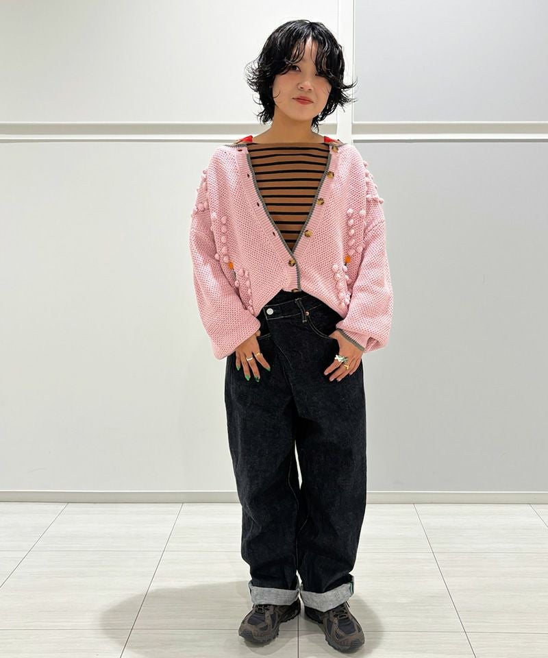 マシンウォッシャブル】ポンポンフラワーニットカーディガン／大人