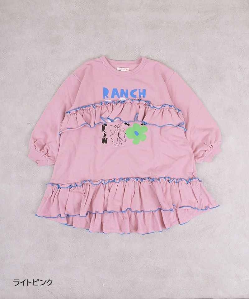 MSGM ふりふりフリル×光沢ピンクロゴ スウェットワンピース ヘビー裏毛ロゴプリントスウェット