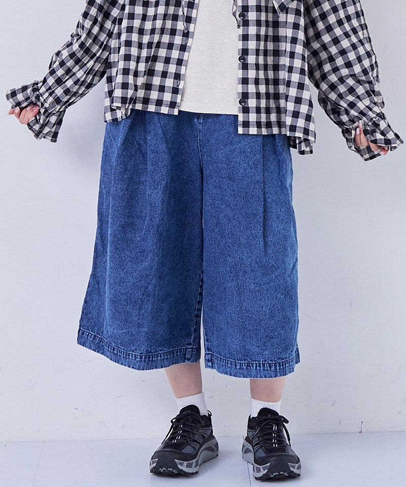 親子お揃い】デニムオーバーサイズタックキュロットパンツ / 大人