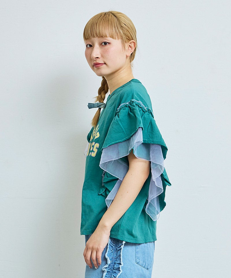 親子お揃い】チュールフリルカレッジTシャツ/大人サイズ ｜ トップス